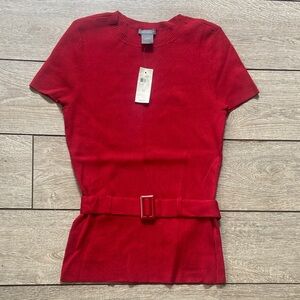 Ann Taylor Red Short-Sleeve Belted Knit Top